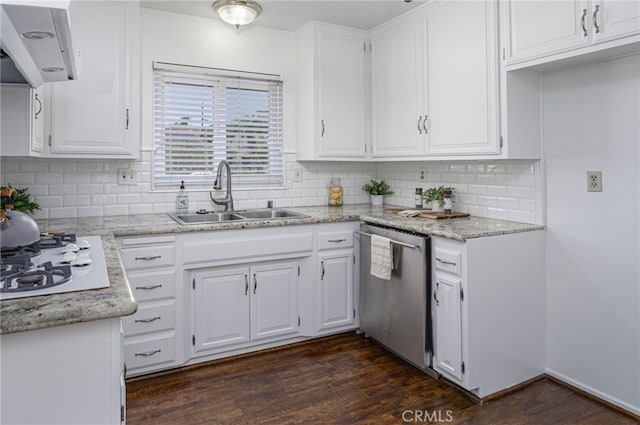 2620 W Cobblestone Rd, La Habra, CA 90631 - kitchen with stainless steel dishwasher, white gas stovetop, a sink, white cabinetry, and dark wood-type flooring