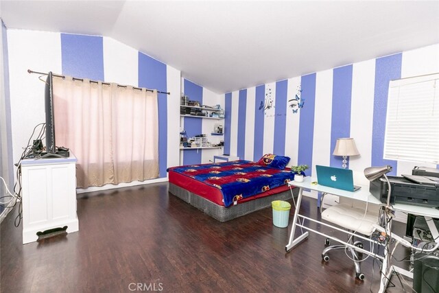 38633 Angele Trumpet Ct, Palmdale, CA 93550 - bedroom featuring wood finished floors, lofted ceiling, and wallpapered walls