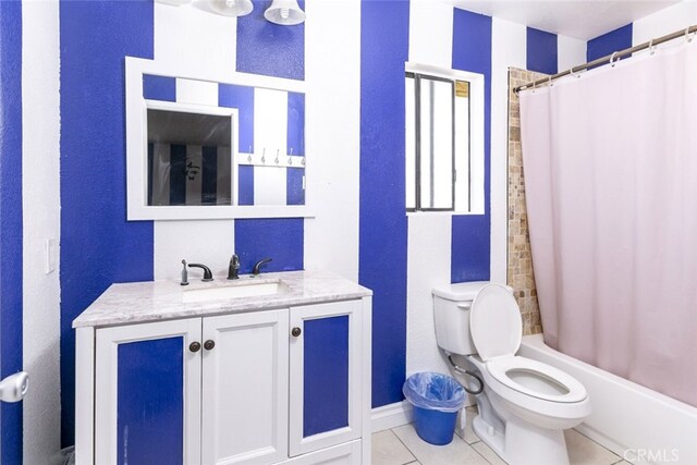 38633 Angele Trumpet Ct, Palmdale, CA 93550 - full bath with vanity, toilet, a textured wall, tile patterned floors, and shower / tub combo with curtain