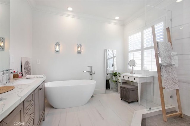 4 Sunswept Mesa, Aliso Viejo, CA 92656 - bathroom with a freestanding bath, double vanity, ornamental molding, a stall shower, and baseboards