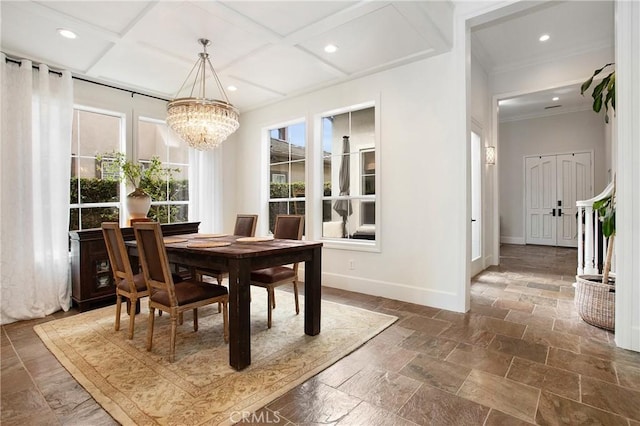 4 Sunswept Mesa, Aliso Viejo, CA 92656 - dining room with a chandelier, stone tile flooring, baseboards, crown molding, and coffered ceiling