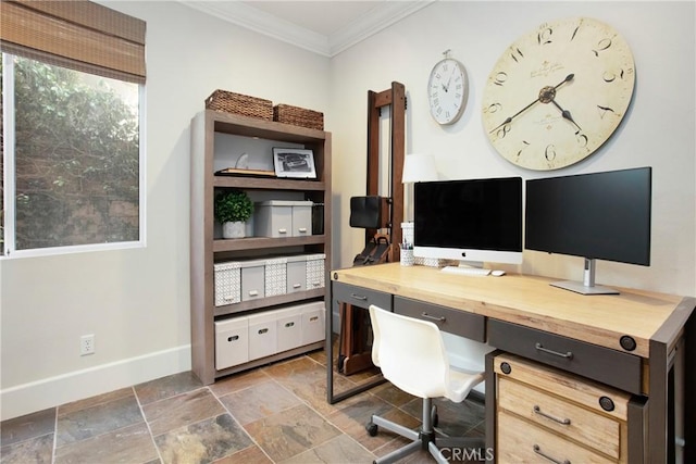 4 Sunswept Mesa, Aliso Viejo, CA 92656 - home office featuring baseboards, crown molding, and stone finish floors