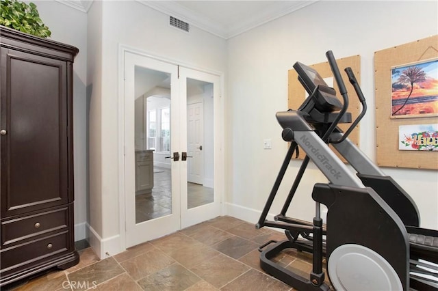 4 Sunswept Mesa, Aliso Viejo, CA 92656 - exercise room with ornamental molding, french doors, baseboards, and stone finish floors