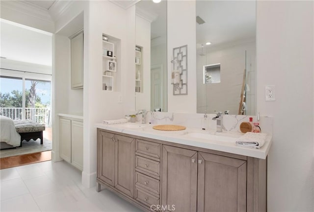 4 Sunswept Mesa, Aliso Viejo, CA 92656 - ensuite bathroom featuring ornamental molding, double vanity, and a shower