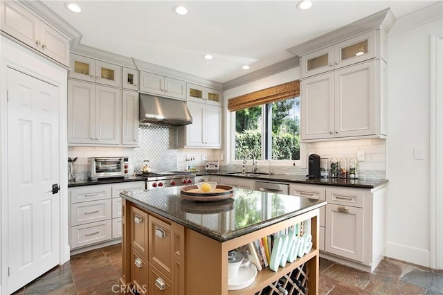4 Sunswept Mesa, Aliso Viejo, CA 92656 - kitchen featuring under cabinet range hood, a sink, stone tile floors, recessed lighting, and open shelves