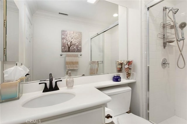 4 Sunswept Mesa, Aliso Viejo, CA 92656 - full bathroom with ornamental molding, toilet, a stall shower, and vanity