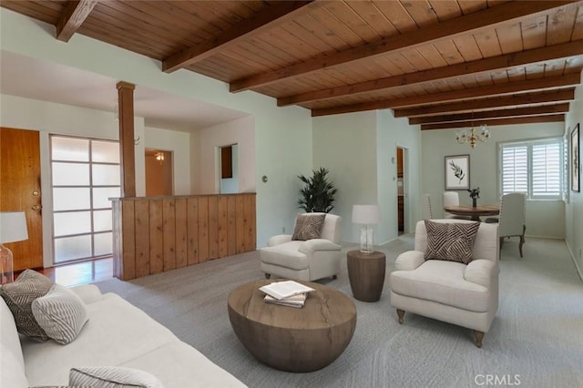 1991 Heather Dr, Monterey Park, CA 91755 - living area with light colored carpet, a chandelier, and wood ceiling with exposed beams