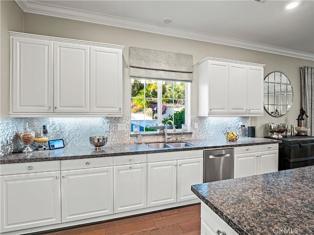 22385 Midtown Ct, Saugus, CA 91350 - kitchen with dishwasher, a sink, ornamental molding, and white cabinets