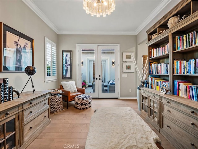 22385 Midtown Ct, Saugus, CA 91350 - living area with crown molding, a chandelier, light wood-style flooring, baseboards, and french doors