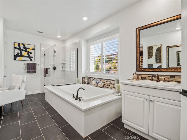 22385 Midtown Ct, Saugus, CA 91350 - bathroom with a garden tub, a shower stall, vanity, tile patterned floors, and recessed lighting