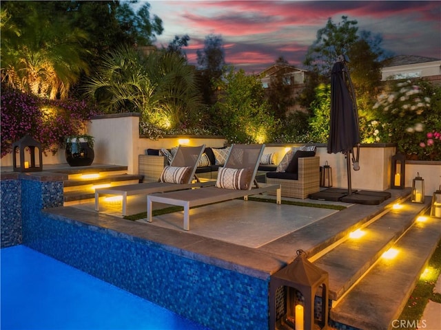 22385 Midtown Ct, Saugus, CA 91350 - view of swimming pool featuring an outdoor living space with a fire pit and a patio area