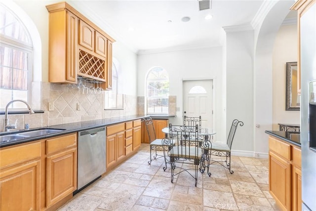 1935 Wollam St, Los Angeles, CA 90065 - kitchen featuring dishwasher, ornamental molding, a sink, arched walkways, and backsplash