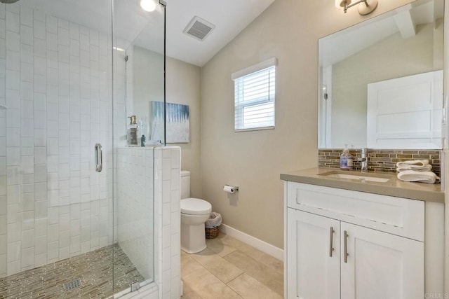 295 Chinquapin Ave, Carlsbad, CA 92008 - bathroom with toilet, vanity, a stall shower, tasteful backsplash, and baseboards