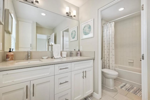 295 Chinquapin Ave, Carlsbad, CA 92008 - full bathroom featuring double vanity, toilet, shower / bathtub combination with curtain, recessed lighting, and tile patterned flooring