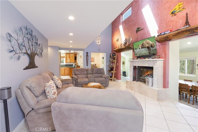 1903 Dusk Pl, Pine Mountain Club, CA 93225 - living area featuring light tile patterned flooring, a high end fireplace, recessed lighting, and baseboards