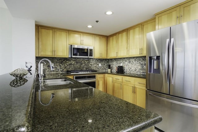 411 W Seaside Way Unit 1103, Long Beach, CA 90802 - kitchen featuring appliances with stainless steel finishes, a sink, backsplash, light brown cabinetry, and recessed lighting