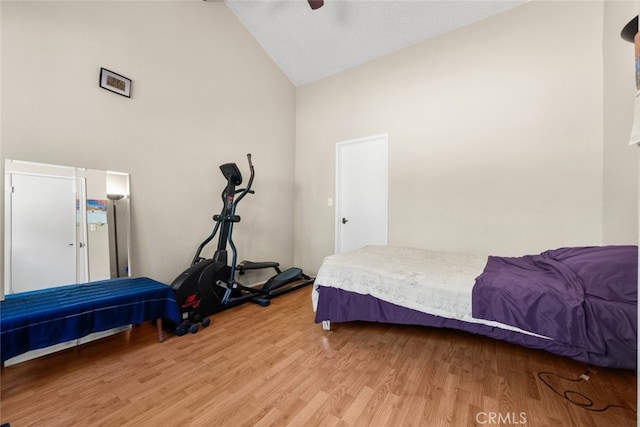 10831 Roycroft St Unit 8, Sun Valley, CA 91352 - bedroom featuring high vaulted ceiling, light wood finished floors, and a ceiling fan