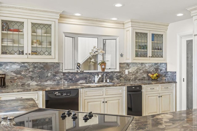 4177 Ocean Dr, Oxnard, CA 93035 - kitchen featuring a sink, cream cabinetry, black dishwasher, backsplash, and recessed lighting