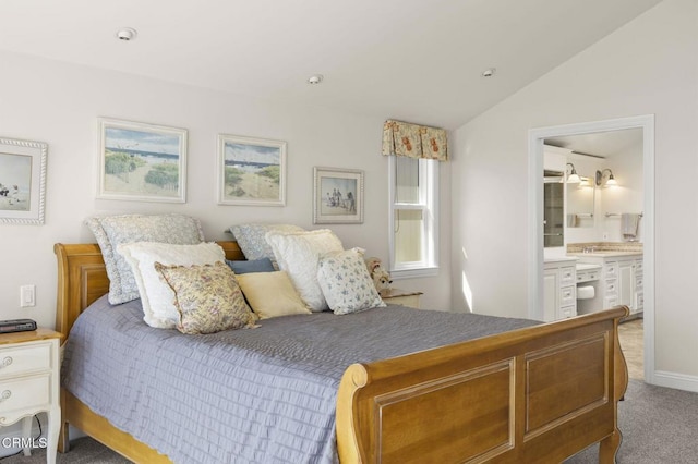 4177 Ocean Dr, Oxnard, CA 93035 - bedroom with carpet flooring, vaulted ceiling, and ensuite bath