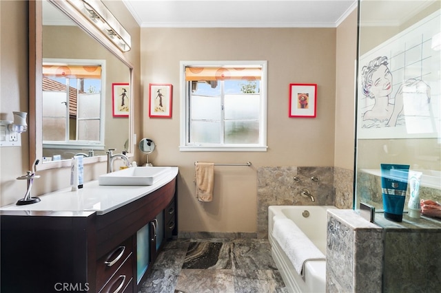 14060 Chandler Blvd, Sherman Oaks, CA 91401 - full bath with marble tiled flooring, double vanity, crown molding, and a garden tub