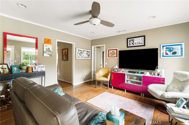 14060 Chandler Blvd, Sherman Oaks, CA 91401 - living room with a ceiling fan, wood finished floors, ornamental molding, baseboards, and recessed lighting