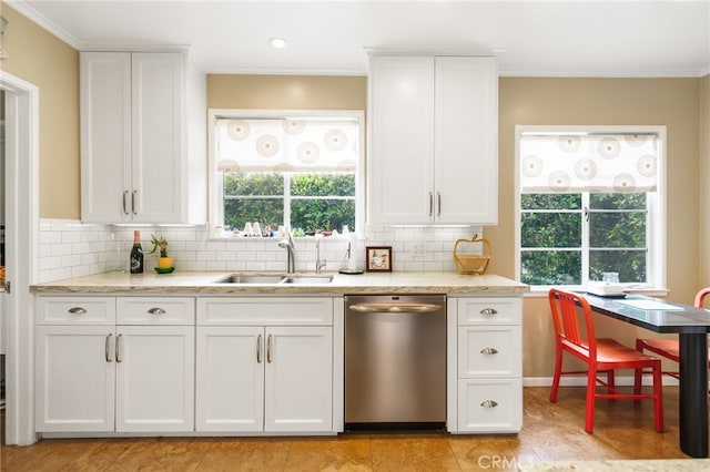 14060 Chandler Blvd, Sherman Oaks, CA 91401 - kitchen featuring dishwasher, a sink, white cabinetry, decorative backsplash, and ornamental molding