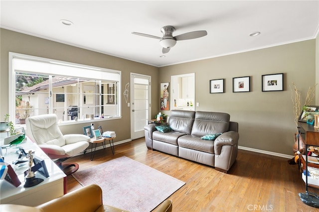14060 Chandler Blvd, Sherman Oaks, CA 91401 - living area featuring baseboards, ceiling fan, wood finished floors, and crown molding