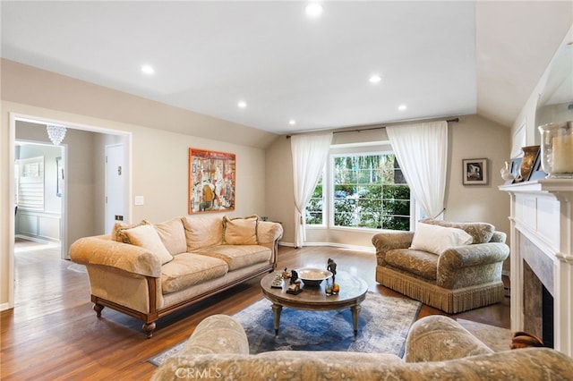 14060 Chandler Blvd, Sherman Oaks, CA 91401 - living room with lofted ceiling, wood finished floors, a fireplace, recessed lighting, and baseboards