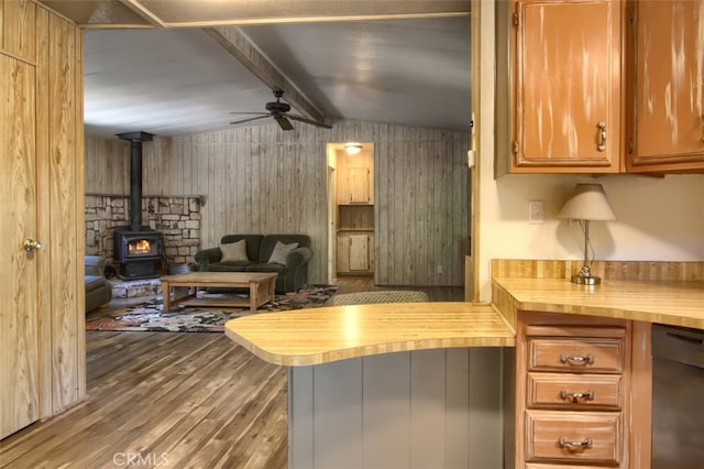 2843 E Westfall Rd, Mariposa, CA 95338 - kitchen with wooden counters, dishwashing machine, wood finished floors, ceiling fan, and open floor plan