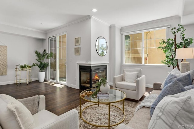 2778 Carlsbad Blvd Unit 201, Carlsbad, CA 92008 - living area with wood finished floors, ornamental molding, a glass covered fireplace, baseboards, and recessed lighting