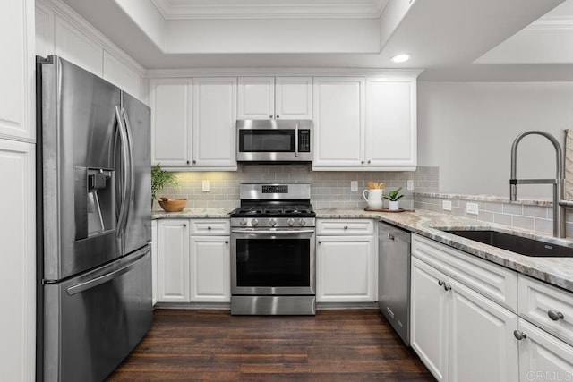 2778 Carlsbad Blvd Unit 201, Carlsbad, CA 92008 - kitchen featuring stainless steel appliances, a sink, a tray ceiling, dark wood-type flooring, and ornamental molding