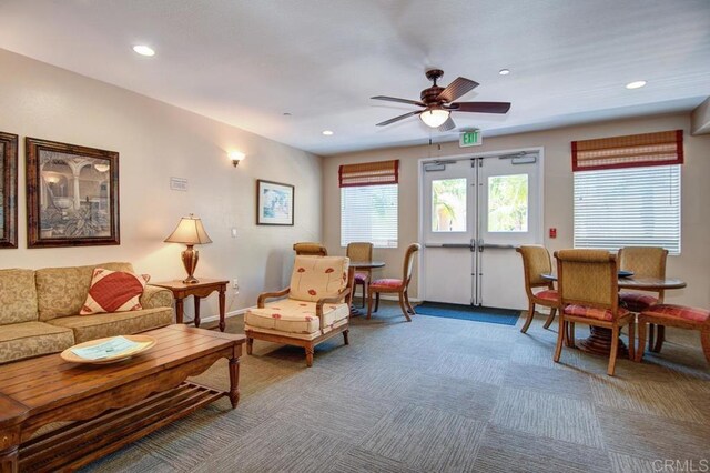 2778 Carlsbad Blvd Unit 201, Carlsbad, CA 92008 - carpeted living room featuring baseboards, recessed lighting, a ceiling fan, and french doors