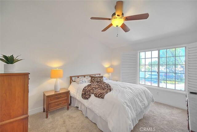 2693 Lookout Cir, Chino Hills, CA 91709 - bedroom with light colored carpet, lofted ceiling, and a ceiling fan