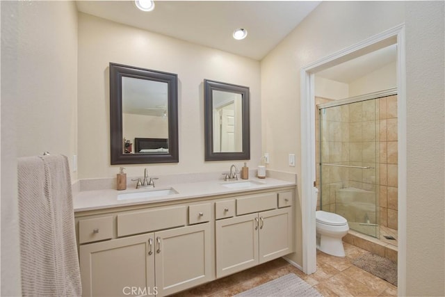 22447 Poplar St, Saugus, CA 91390 - full bathroom with toilet, a stall shower, double vanity, tile patterned flooring, and recessed lighting