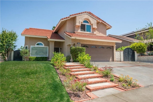 22447 Poplar St, Saugus, CA 91390 - mediterranean / spanish house with a gate, stucco siding, driveway, an attached garage, and a tiled roof