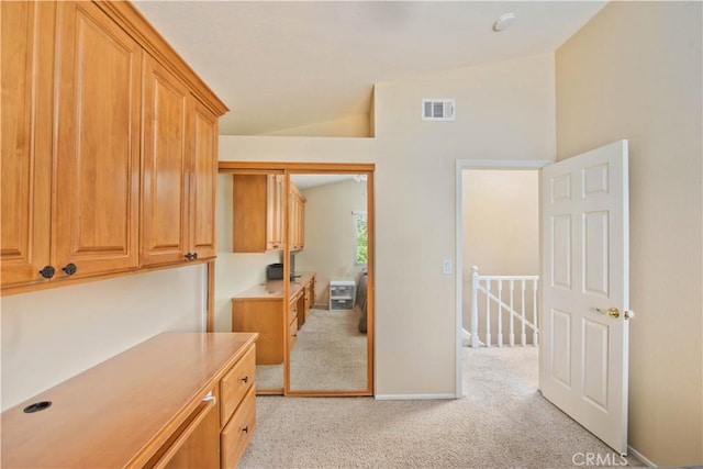 22447 Poplar St, Saugus, CA 91390 - corridor with lofted ceiling, light carpet, an upstairs landing, and baseboards