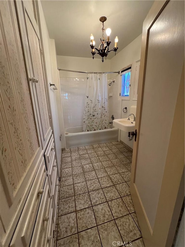 1465 N Euclid Ave, Upland, CA 91786 - bathroom featuring a chandelier, shower / bath combo with shower curtain, tile patterned floors, and a sink