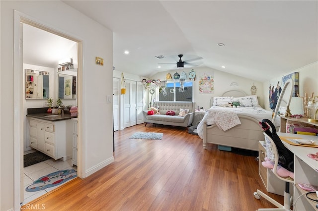 1319 Via Esperanza, San Dimas, CA 91773 - bedroom featuring a sink, light wood-style flooring, lofted ceiling, recessed lighting, and ceiling fan