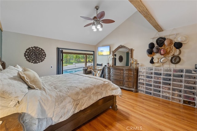 1319 Via Esperanza, San Dimas, CA 91773 - bedroom with access to exterior, wood finished floors, high vaulted ceiling, beam ceiling, and a ceiling fan