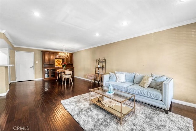 1535 S Bentley Ave Unit 202, Los Angeles, CA 90025 - living area with a chandelier, baseboards, dark wood-type flooring, ornamental molding, and recessed lighting