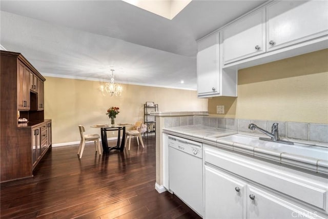1535 S Bentley Ave Unit 202, Los Angeles, CA 90025 - kitchen featuring white dishwasher, tile countertops, dark wood-style flooring, a chandelier, and a sink