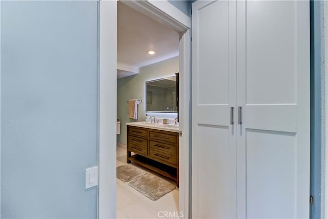 259 Calle Aragon Unit A, Laguna Woods, CA 92637 - bathroom featuring vanity, recessed lighting, and tile patterned floors