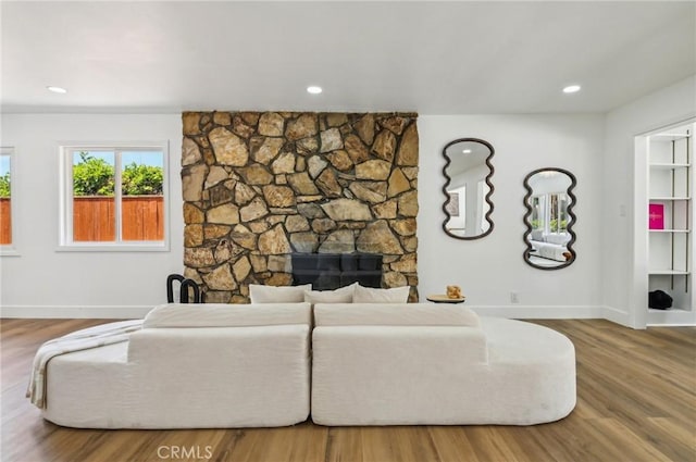 4816 Saint Andrews Ave, Buena Park, CA 90621 - living area with baseboards, wood finished floors, a fireplace, and recessed lighting
