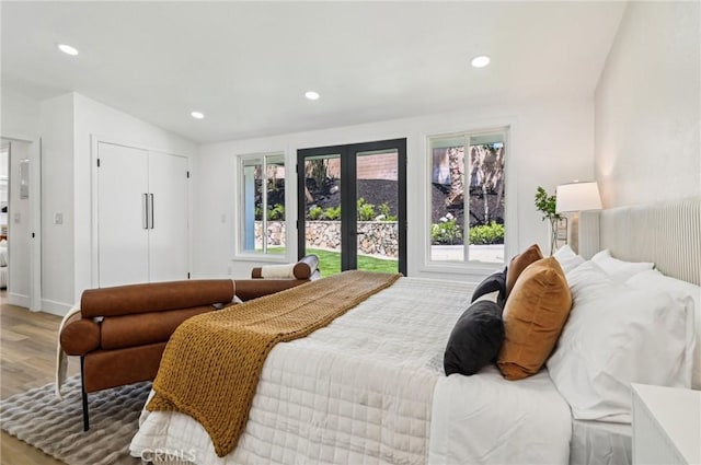 4816 Saint Andrews Ave, Buena Park, CA 90621 - bedroom with wood finished floors, recessed lighting, a closet, vaulted ceiling, and access to exterior
