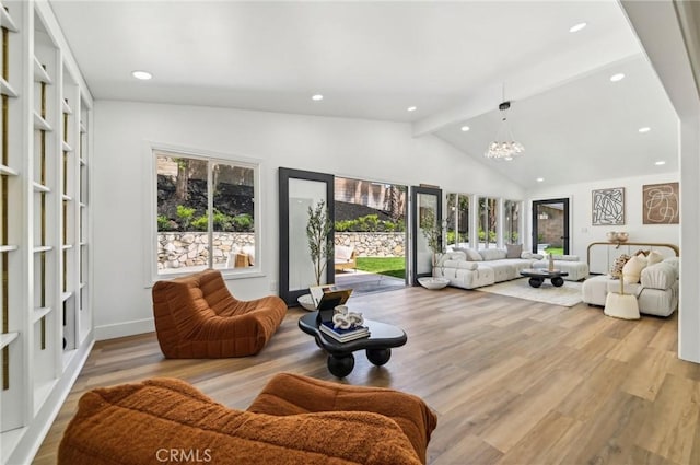 4816 Saint Andrews Ave, Buena Park, CA 90621 - living room with beamed ceiling, recessed lighting, wood finished floors, a chandelier, and baseboards