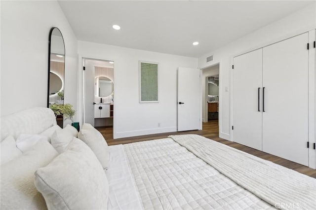4816 Saint Andrews Ave, Buena Park, CA 90621 - bedroom with wood finished floors, recessed lighting, baseboards, a closet, and connected bathroom