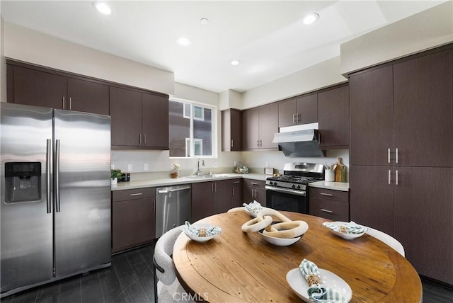 168 N Orange Ave, Brea, CA 92821 - kitchen featuring appliances with stainless steel finishes, dark brown cabinets, a sink, light countertops, and dark wood-style floors