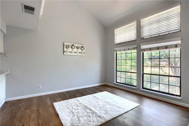 5303 State Highway 49 N Unit 14, Mariposa, CA 95338 - unfurnished room featuring high vaulted ceiling, baseboards, dark wood finished floors, and plenty of natural light