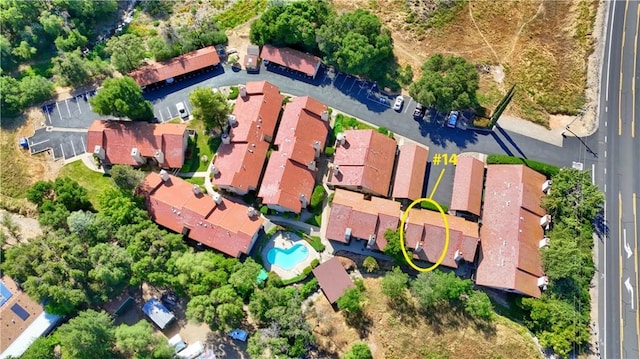 5303 State Highway 49 N Unit 14, Mariposa, CA 95338 - aerial view of property and surrounding area with a pool and nearby suburban area