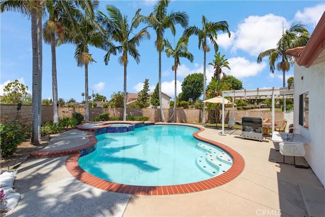 13150 Stern Ave, La Mirada, CA 90638 - view of pool with a fenced backyard, a patio, a pool with connected hot tub, and a pergola